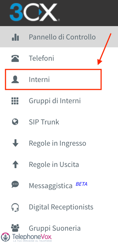 Cliccare “Interni” dal menù sulla sinistra della pagina.