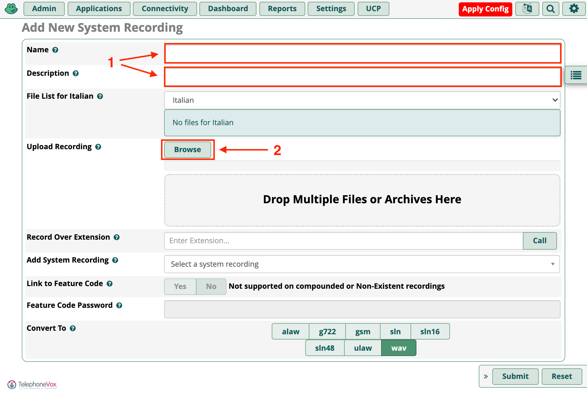 Nei campi “Name” e “Description” inserire un nome e una descrizione per il file audio del 
centralino FreePbx (Free pbx) che si andrà a caricare.Cliccare quindi sul bottone “Browse”,si aprirà una finestra di sistema dalle 
quale scegliere il file e caricarlo.