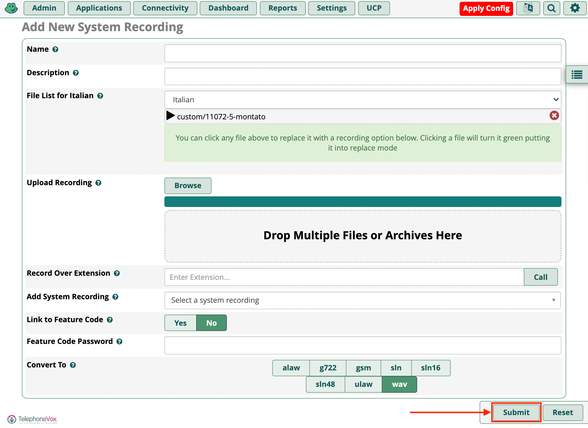 Cliccare su “Submit” per salvare.