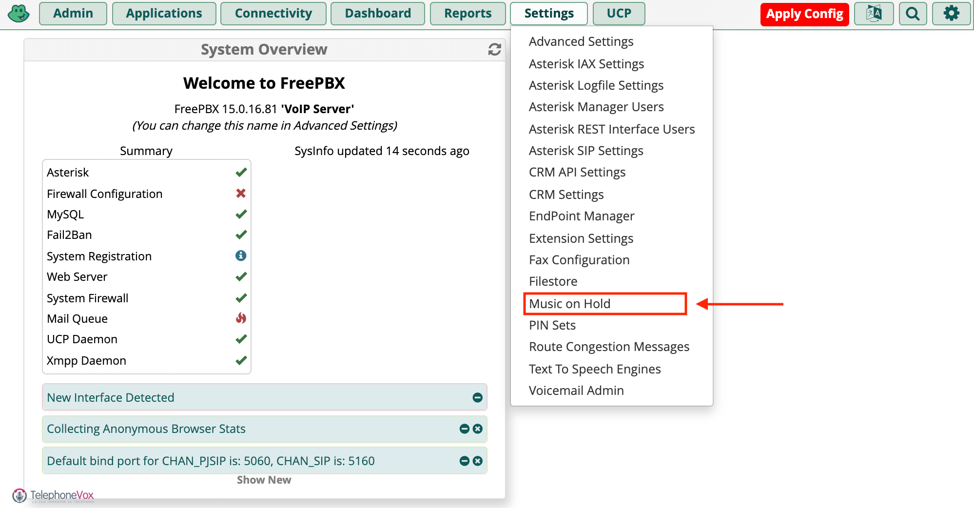 Dal menù a tendina “Settings” selezionare la voce “Music On Hold”.