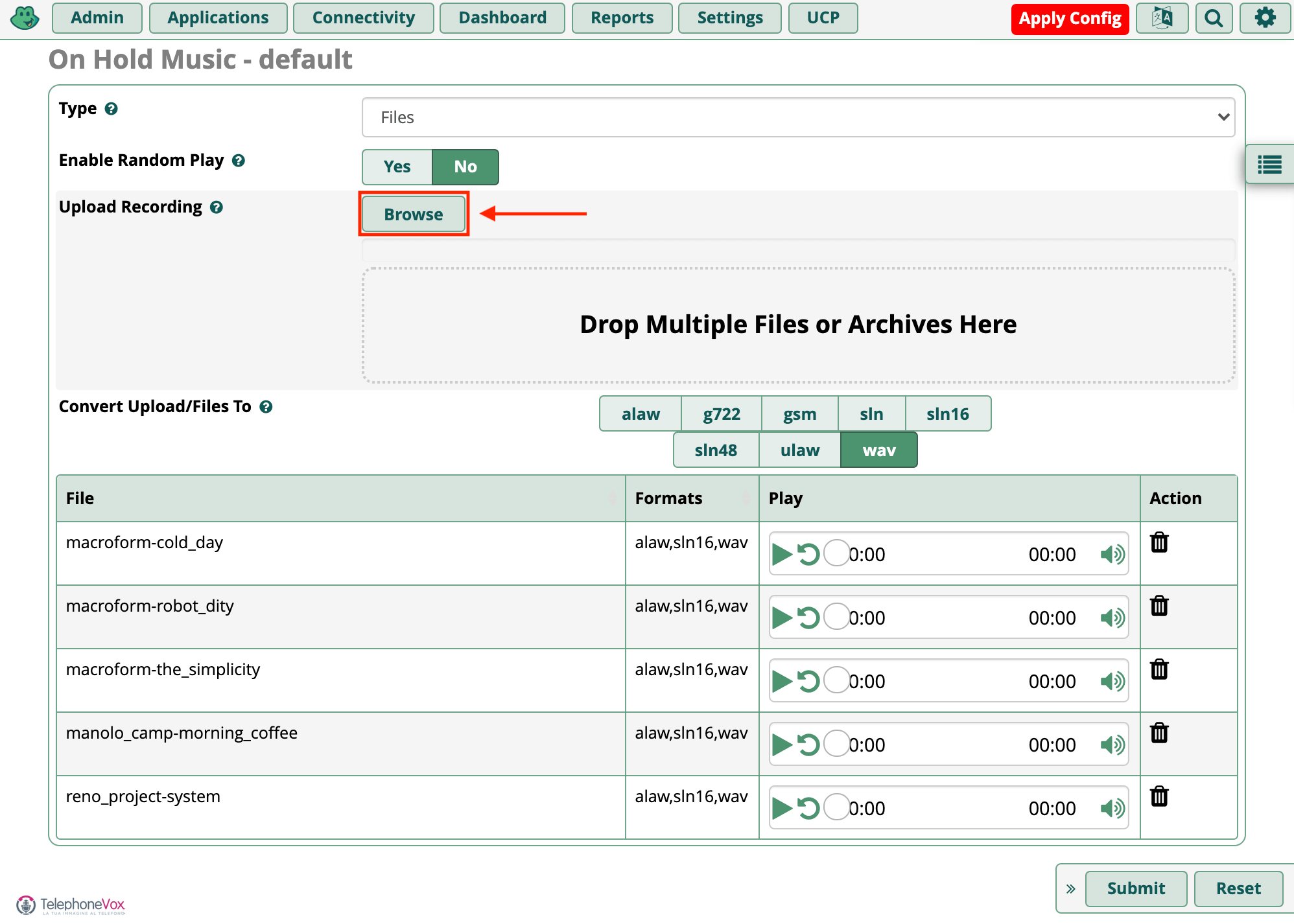 Cliccare quindi sul bottone “Browse”,si aprirà una finestra di sistema dalle quale scegliere 
il file e caricarlo.