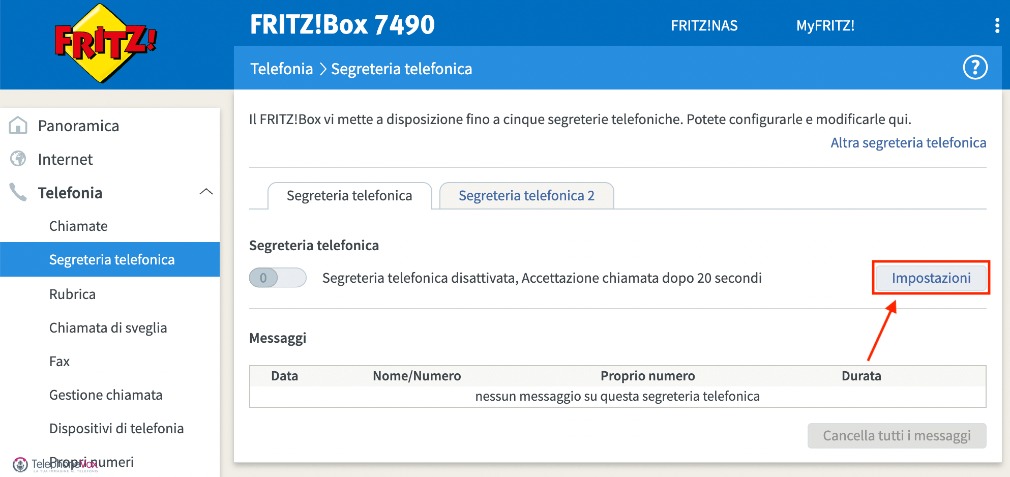 Cliccare su “Impostazioni” (nel caso abbiate più segreterie telefoniche dovrete prima selezionare 
quella di vostro interesse e successivamente cliccare “Impostazioni”)