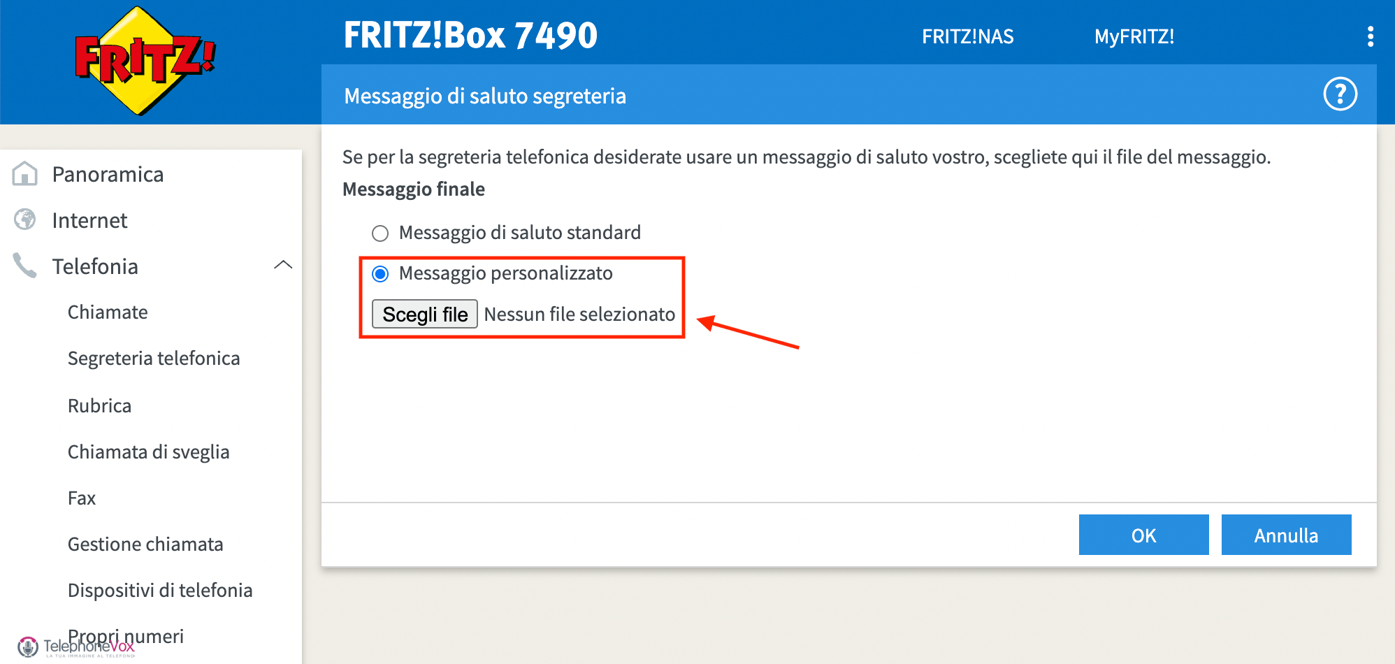 Cliccare su “Messaggio personalizzato” quindi “Scegli file”. Si aprirà una finestra di sistema dalle 
quale scegliere il file e caricarlo.