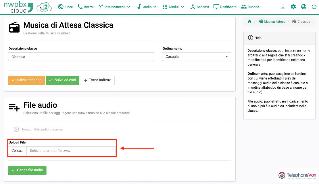 Per salvare le modifiche, cliccare “Carica file audio” e applicare la configurazione.