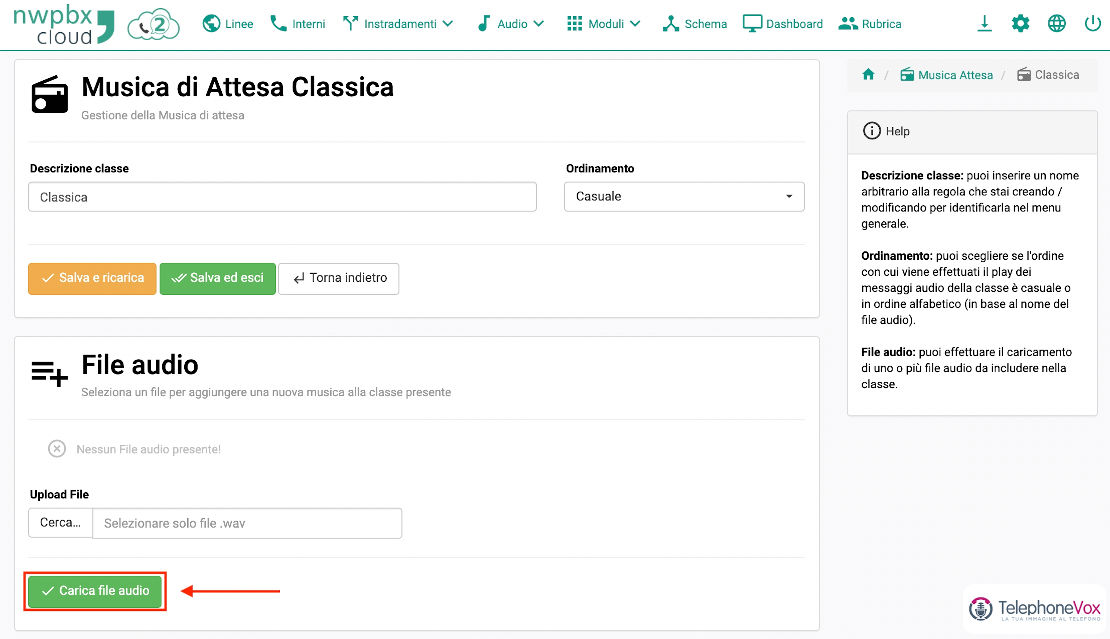 Per salvare le modifiche, cliccare “Carica file audio” e applicare la configurazione.