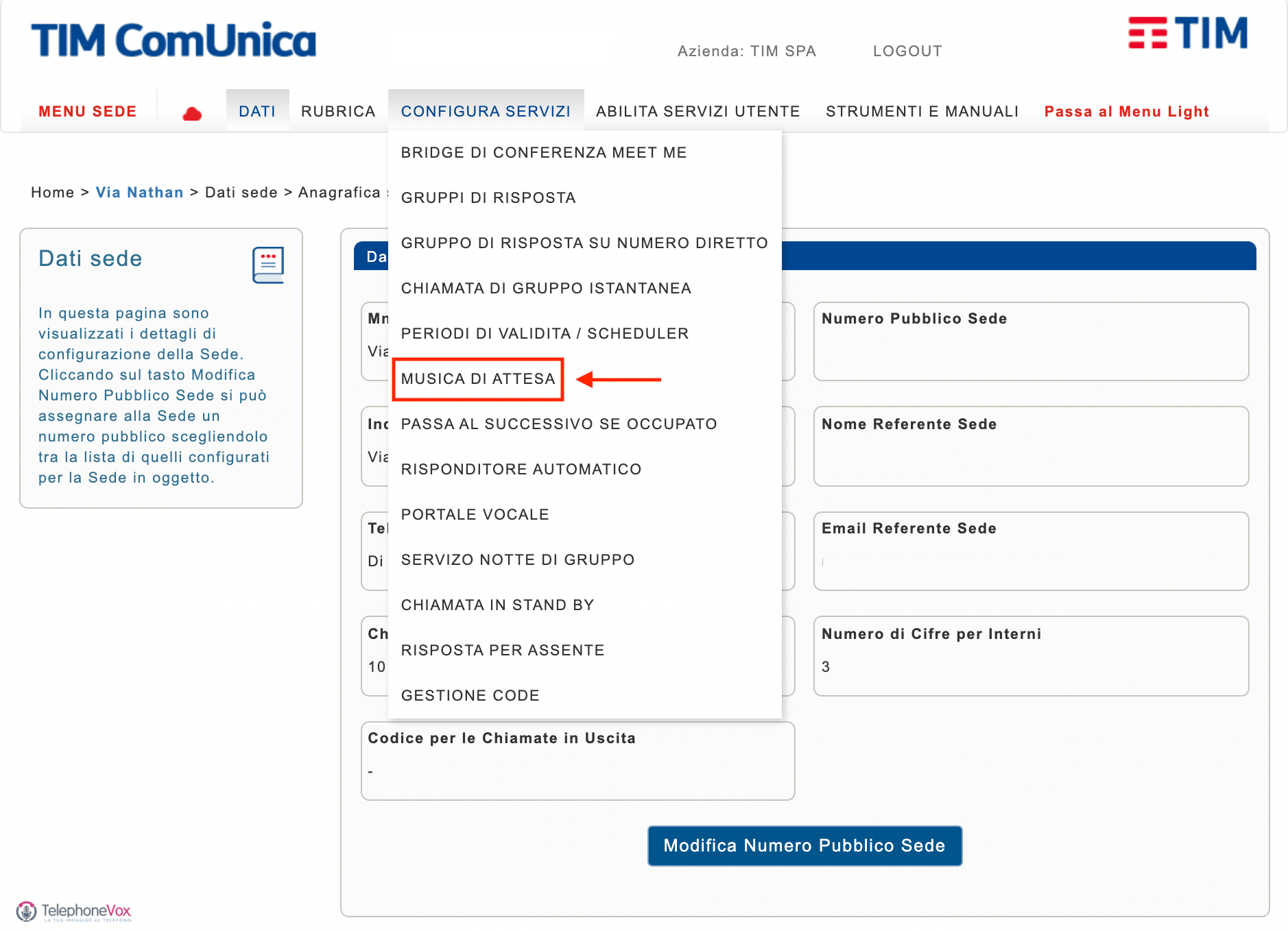 Nel menù “Configura servizi” cliccare “Musica di attesa”.