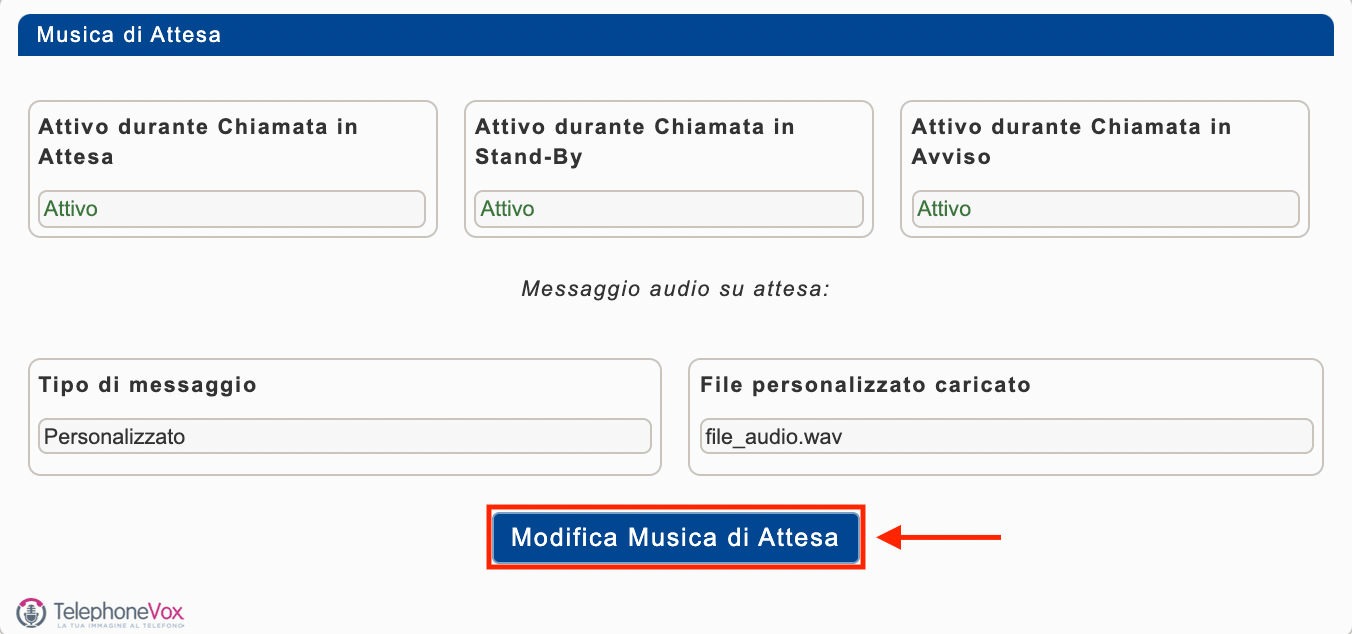 Clicchiamo “Modifica musica di attesa”.