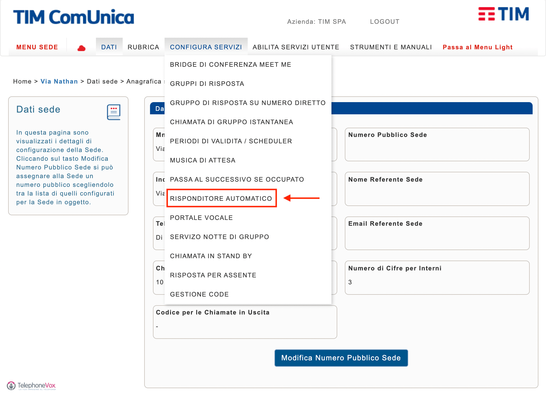 Nel menù “Configura servizi” cliccare “Risponditore automatico”.