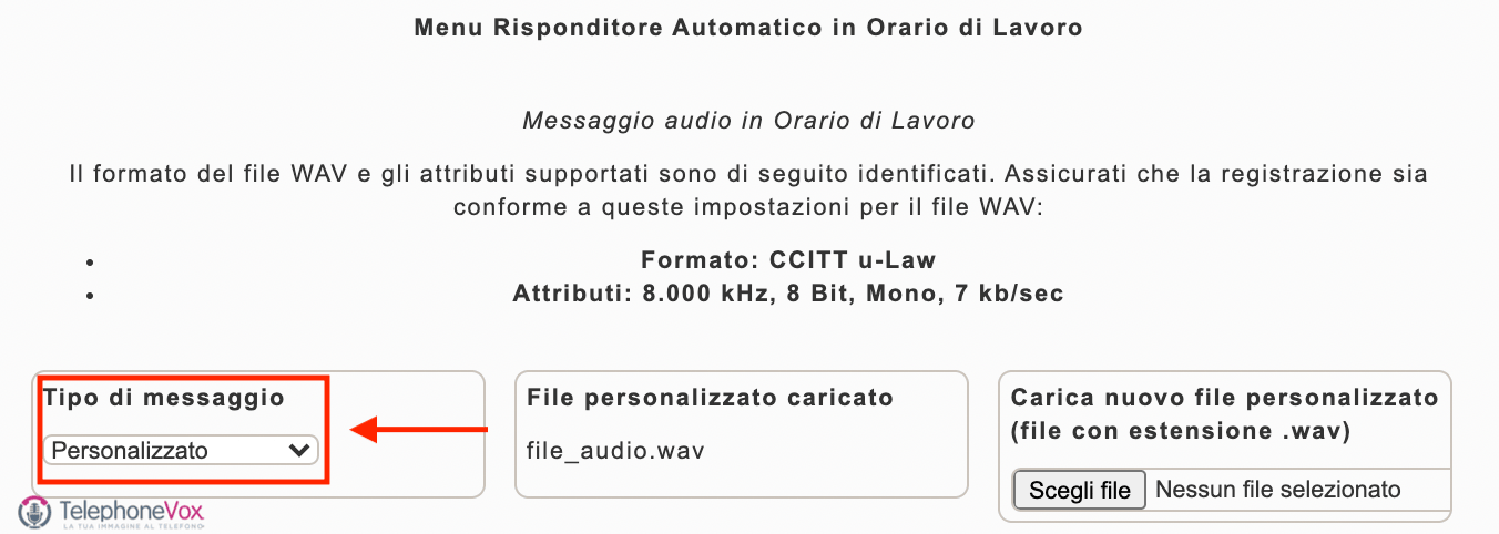 In corrispondenza del messaggio che vogliamo modificare, impostiamo su “Tipo messaggio” il 
valore “personalizzato”.