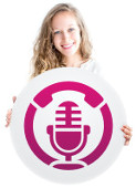 Girl holding Telephone Vox logo in her hand