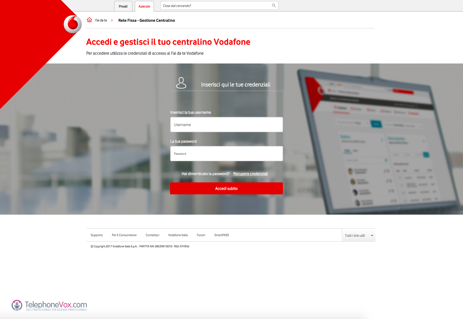 Pagina di accesso centralino cloud Vodafone