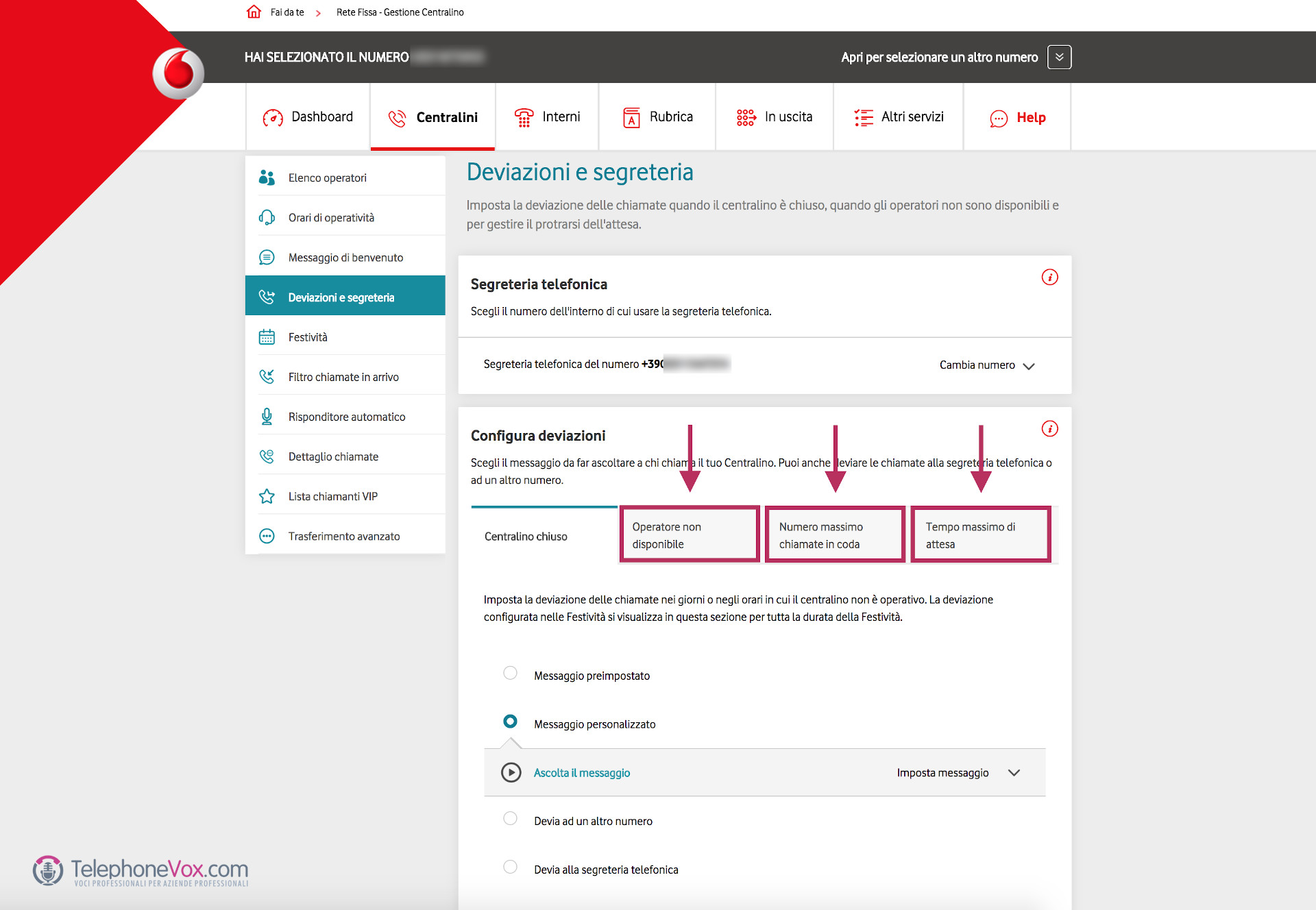 Deviazioni e segreterie disponibili su centralino cloud Vodafone rete unica