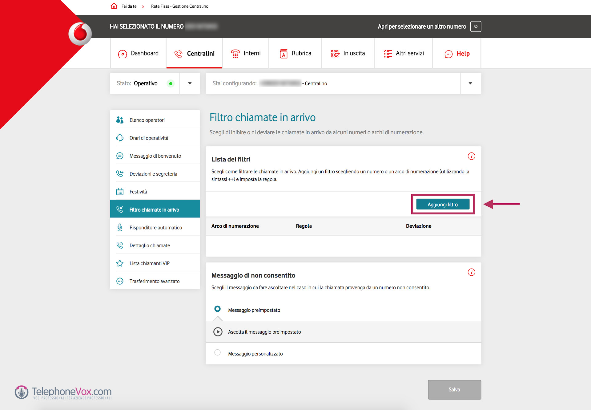Aggiunta filtro per risponditore vocale su centralino cloud Vodafone rete unica