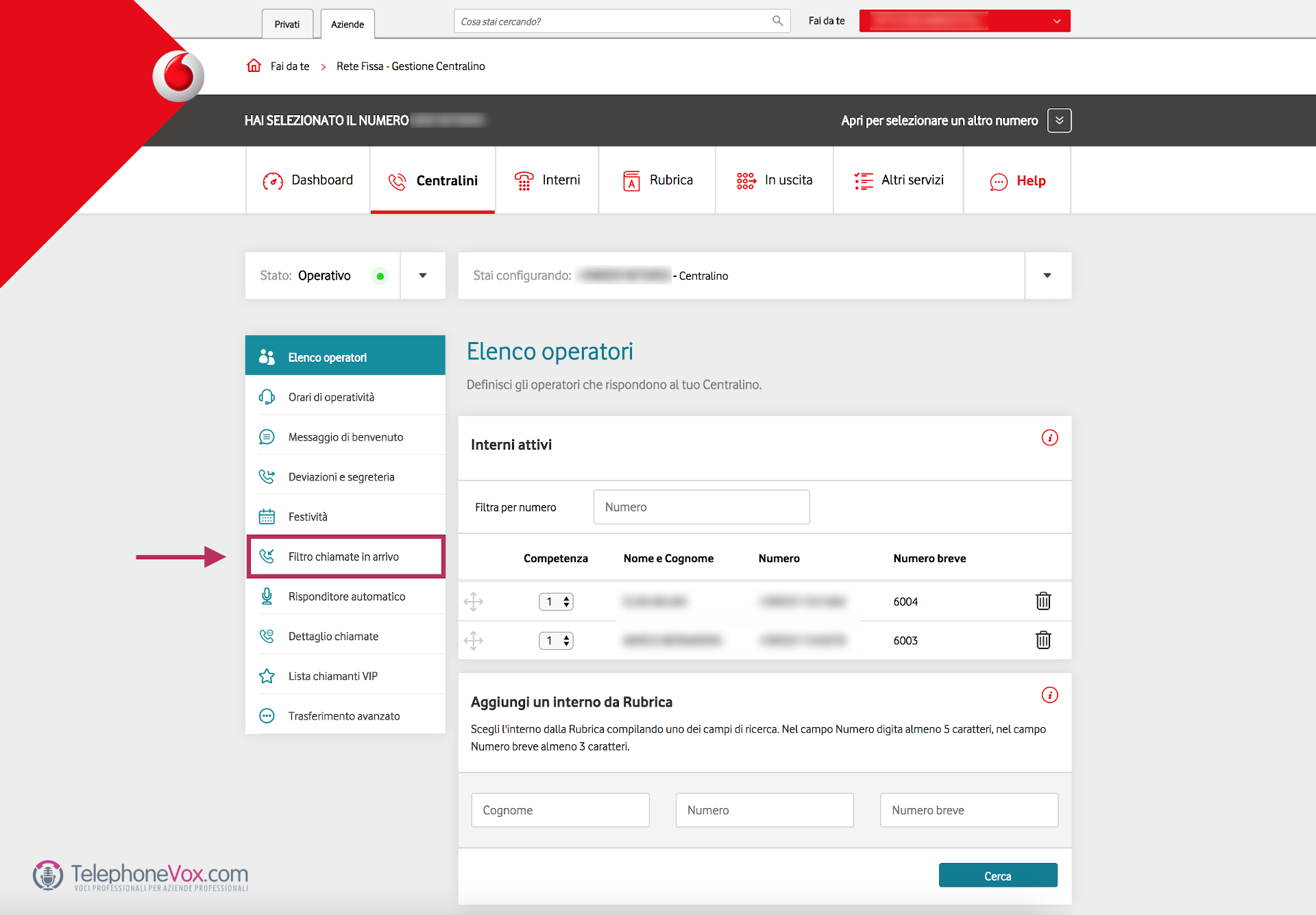 Filtro chiamate in arrivo centralino cloud Vodafone rete unica