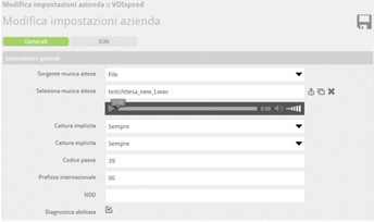 Selezionare il file per la voce e caricarlo>
<p><b>Come caricare il messaggio attesa operatore per i gruppi di risposta</b><br><br>
Il messaggio di attesa operatore, è un messaggio audio utilizzato dal centralino VOIspeed per gestire le chiamate in coda ad un gruppo di
risposta quando il gruppo è occupato. Per personalizzare questo messaggio, nella sezione Configurazione -> Gruppi, creare o modificare un
gruppo già esistente e spostarsi nella sezione Avanzate.</p>
<img border=
