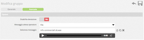Caricare la musica d'attesa>
                                            <p>Qui, alla voce Messaggio attesa operatore, selezionate File e alla voce Seleziona messaggio caricare il messaggio creato con Telephone Vox 
                                    tramite il primo tasto alla destra del campo 