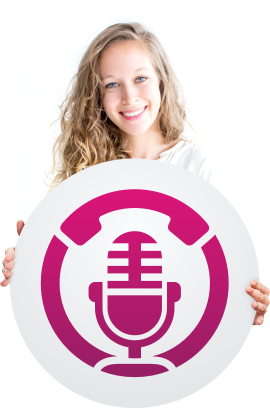 Girl holding Telephone Vox logo in her hand